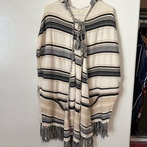 Moth Cream and Gray Striped Hooded Poncho Sweater